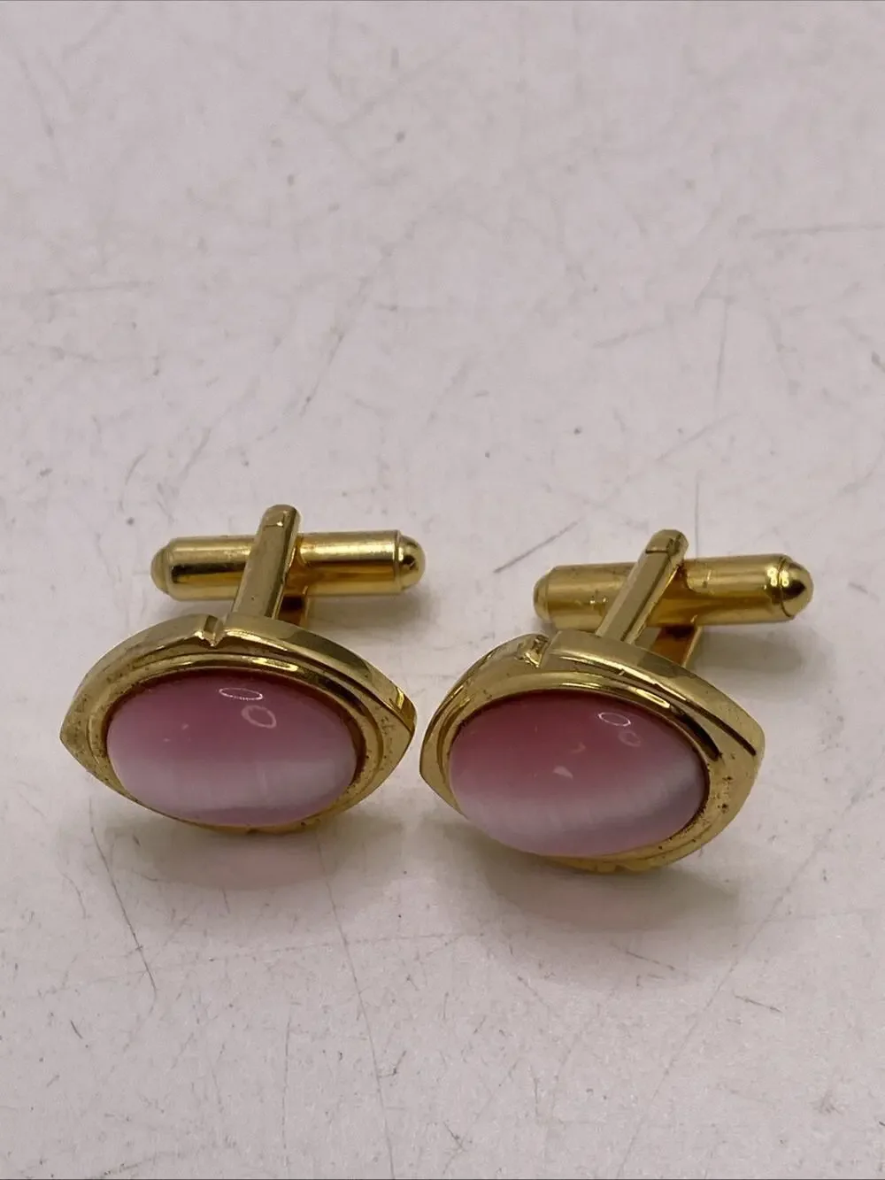 Mens Gold Tone Cuff Links Pink Tiger Eye Vintage Cufflinks